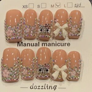 Long Square Press-On Nails with Rhinestones Kitty and Bows - Tan